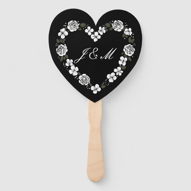 Elegant Black and White Script Wedding Fan (Front)
