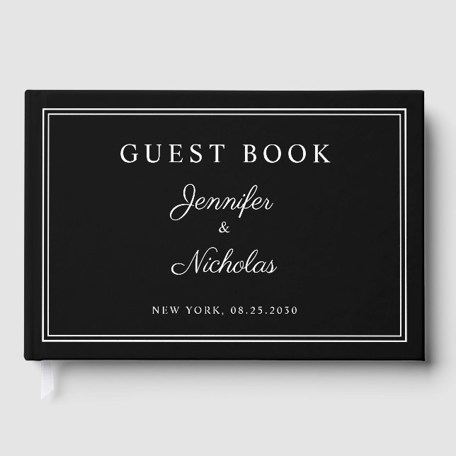 Elegant Black And White Script Wedding Guest Book (Front)