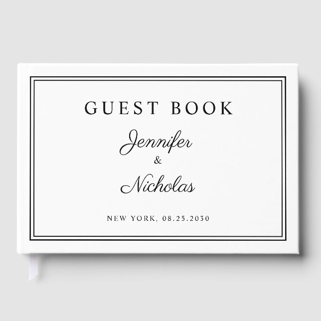 Elegant Black And White Script Wedding Guest Book (Front)