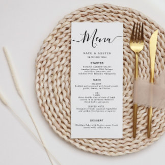 elegant black and white script wedding menu card