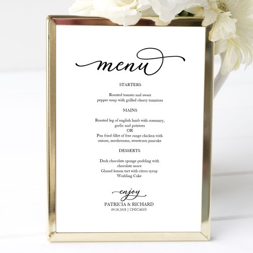 Elegant Black and White Script Wedding Menu Poster