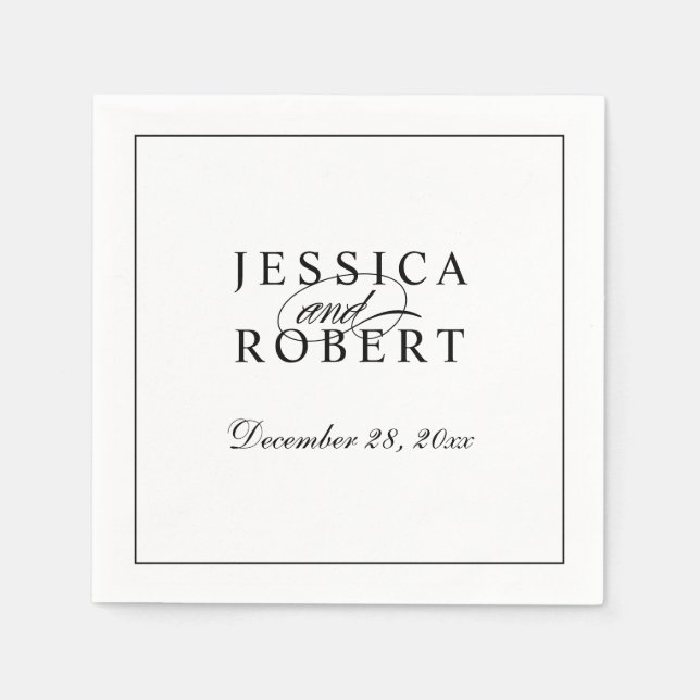 Elegant Black and White Script Wedding Napkins (Front)