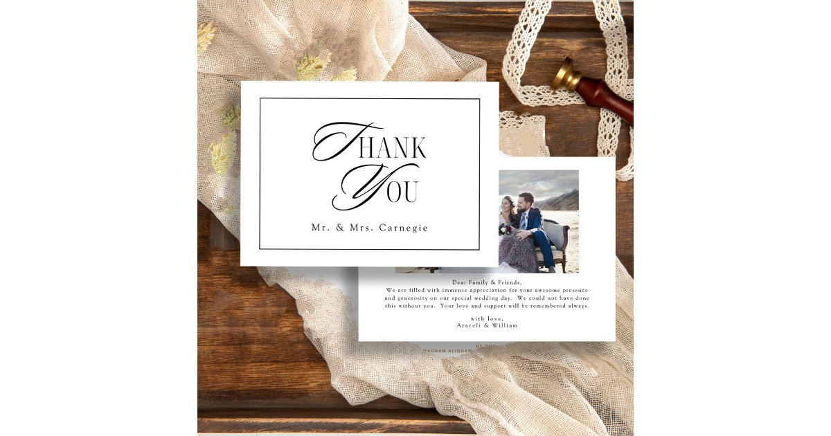 Elegant Black and White Script Wedding Photo Thank You Card | Zazzle