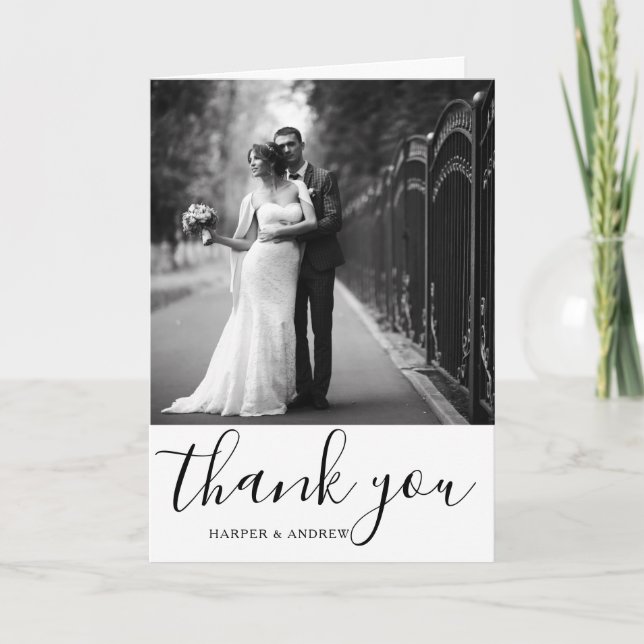 Elegant Black and White Script Wedding Photo Thank You Card (Front)