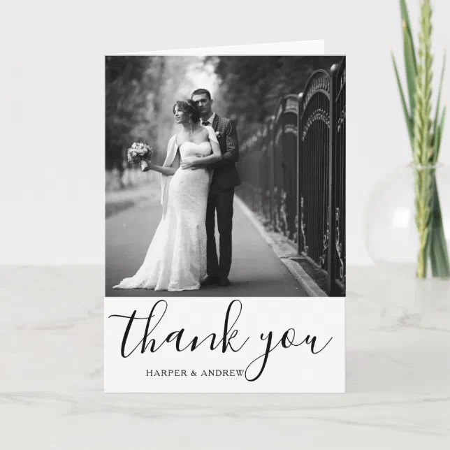 Elegant Black and White Script Wedding Photo Thank You Card | Zazzle