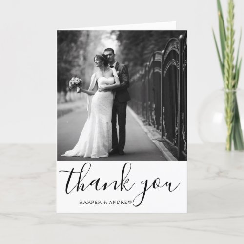 Elegant Black and White Script Wedding Photo Thank You Card