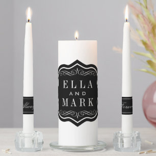 Elegant Black and White Scrolls Wedding Monogram Unity Candle Set