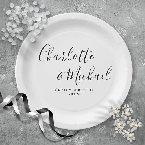 Elegant Black And White Signature Script  Wedding Paper Plates