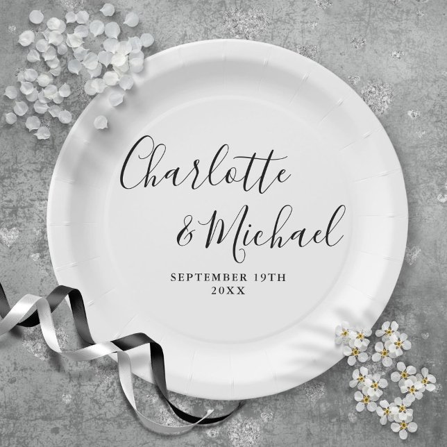 Elegant Black And White Signature Script  Wedding Paper Plates (Elegant Black And White Signature Script Wedding Paper Plates)