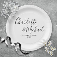 Elegant Black And White Signature Script  Wedding Paper Plates