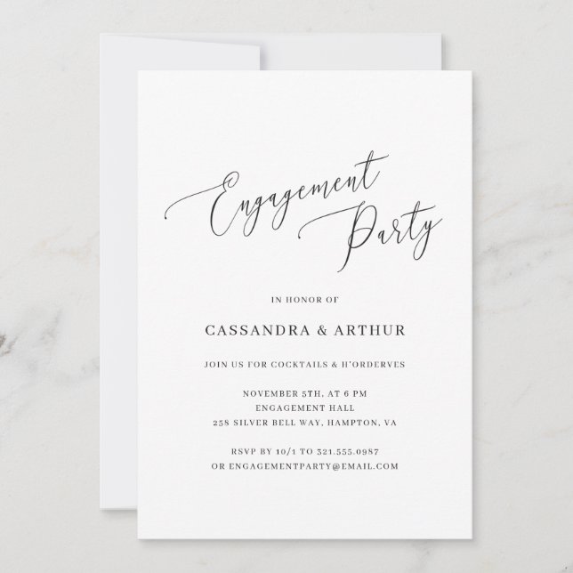 Elegant Black and White Simple Engagement Party Invitation (Front)