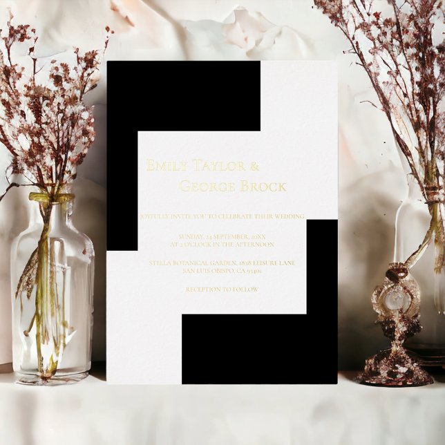 Elegant Black And White Simple Modern Wedding Gold Foil Invitation (Creator Uploaded)