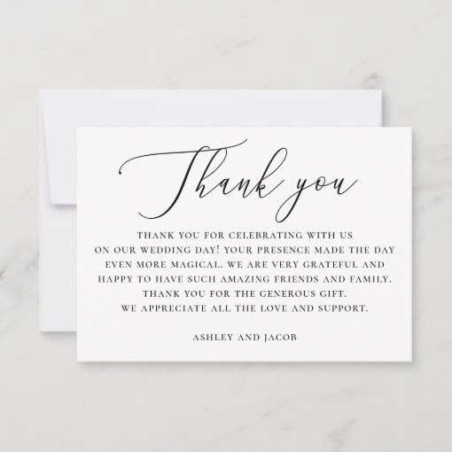 Elegant black and white simple script wedding thank you card | Zazzle