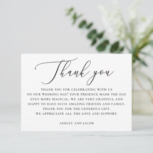 Elegant black and white simple script wedding thank you card