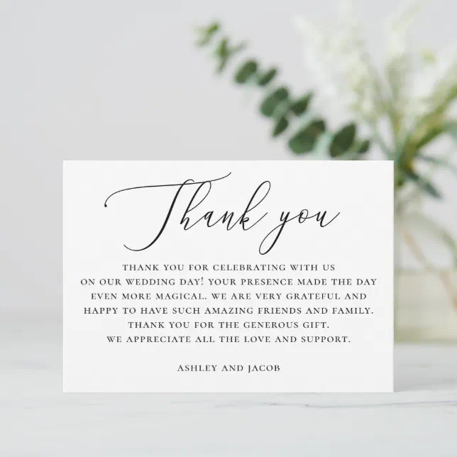 Elegant black and white simple script wedding thank you card | Zazzle