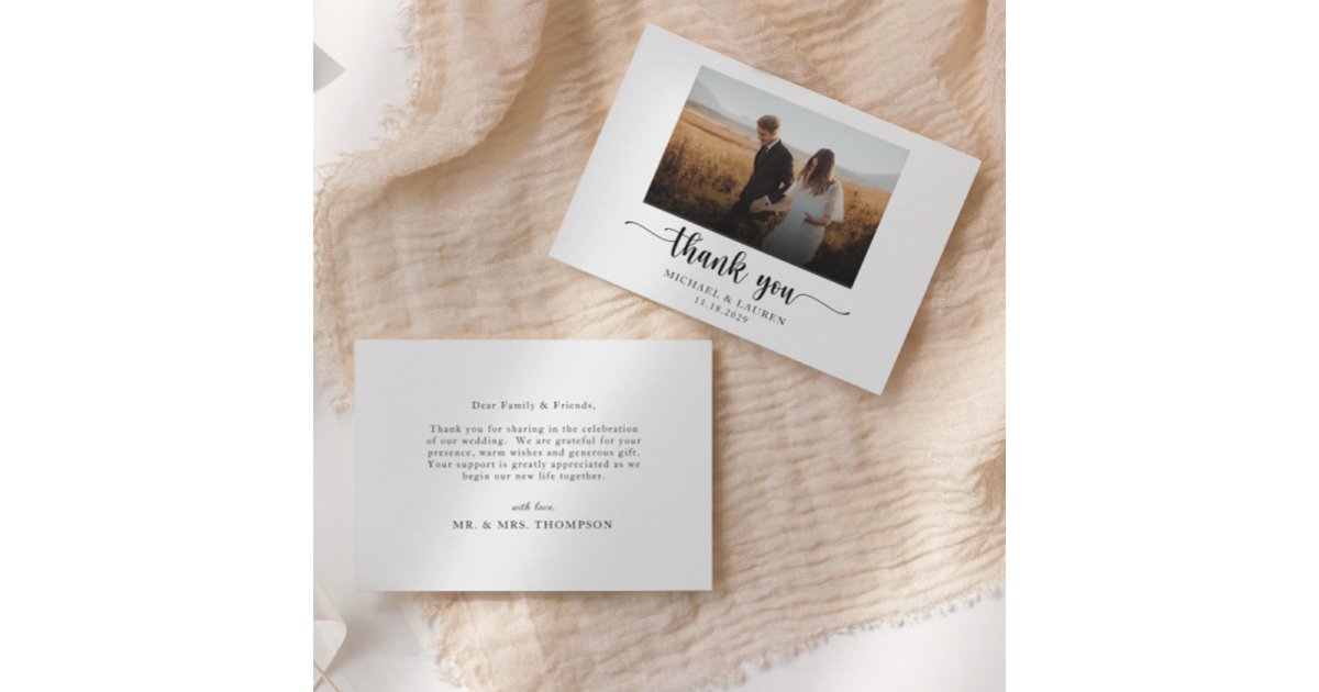 Elegant Black and White Simple Wedding Photo Thank You Card | Zazzle