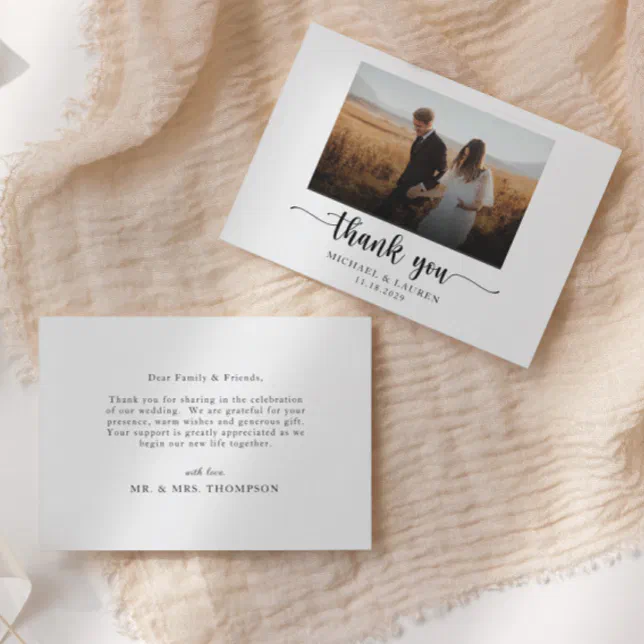 Elegant Black and White Simple Wedding Photo Thank You Card | Zazzle