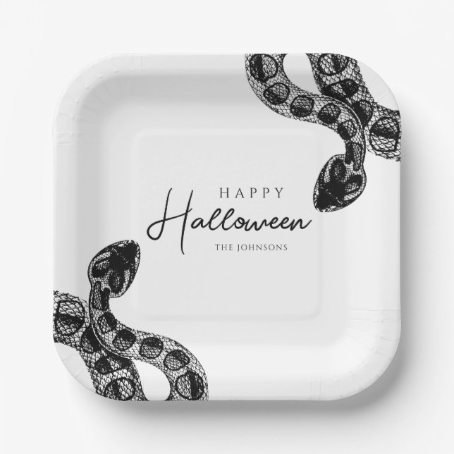 Elegant Black And White Snake Halloween Paper Plates (Front)