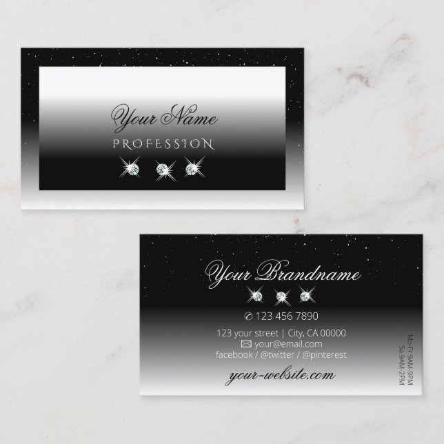Elegant Black and White Sparkle Diamonds Stylish Business Card (Front/Back)
