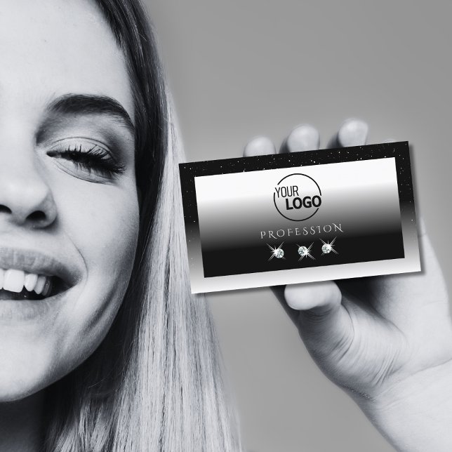 Elegant Black and White Sparkle Diamonds with Logo Business Card (Creator Uploaded)