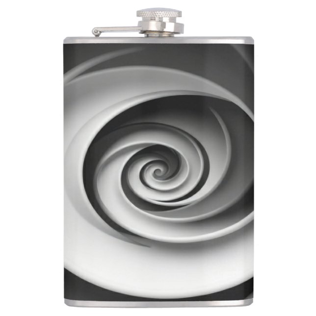Elegant Black and White Spiral Abstract Design Flask (Front)