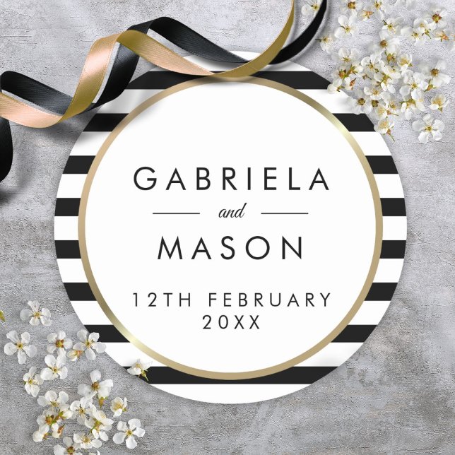 Elegant Black and White Stripe Gold Wedding Classic Round Sticker (Elegant Black and White Stripe Gold Wedding Classic Round Sticker)