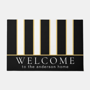 Elegant Black and White Stripe Personalized Doormat