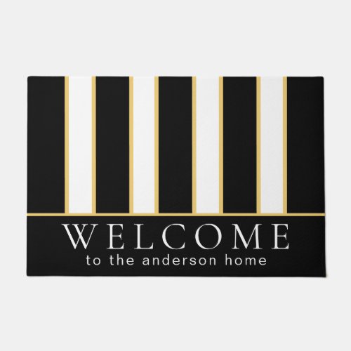 Elegant Black and White Stripe Personalized Doormat