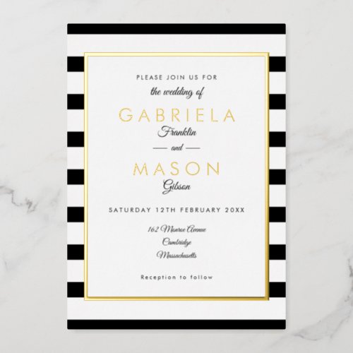 Elegant Black And White Stripe Wedding Gold  Foil Invitation