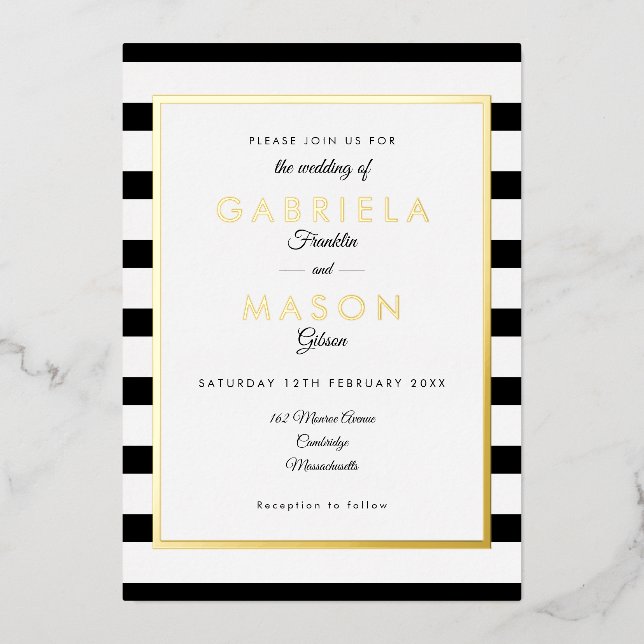 Elegant Black And White Stripe Wedding Gold  Foil Invitation (Front)