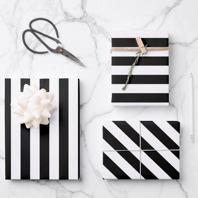 Elegant Black and White Stripe Wrapping Paper Sheets (Front)