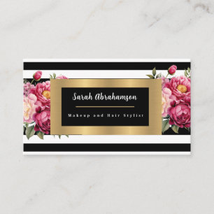 Elegant Black and White Striped Floral Business Card