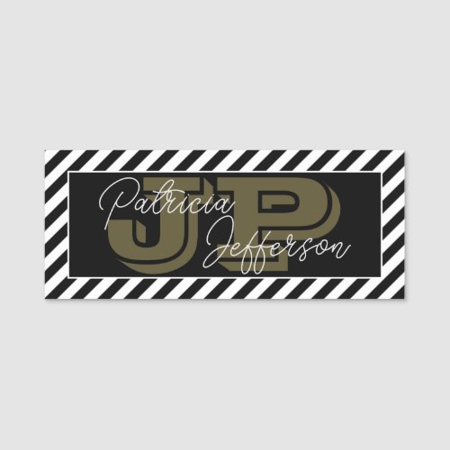 Elegant Black And White Striped Gold Hue Monogram Name Tag