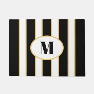 Elegant Black and White Striped Monogram Doormat