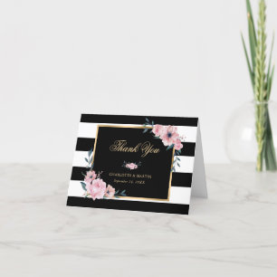 Elegant Black and White Striped Pink Floral Letterpress Thank You Card