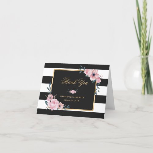 Elegant Black and White Striped Pink Floral Thank You Card