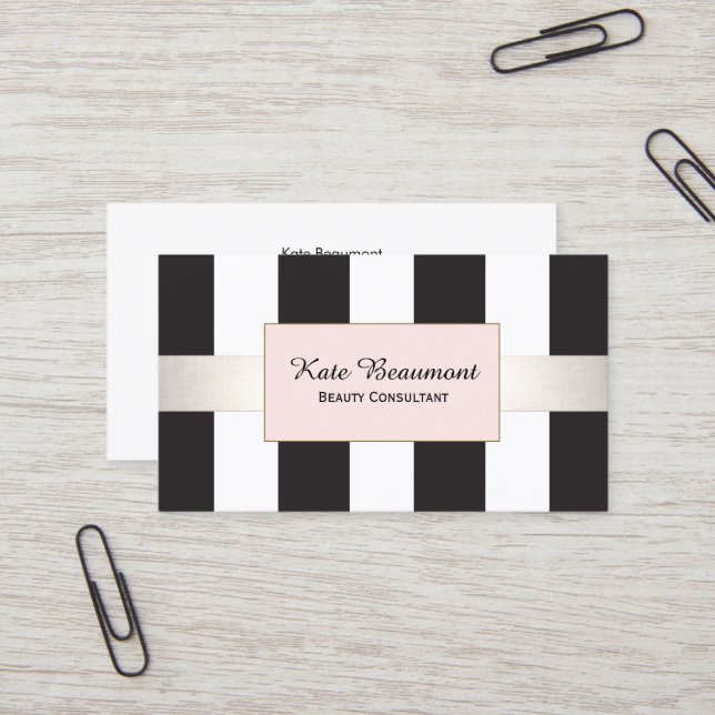 Elegant Black and White Striped Pink Plaque Beauty Business Card (Front/Back In Situ)