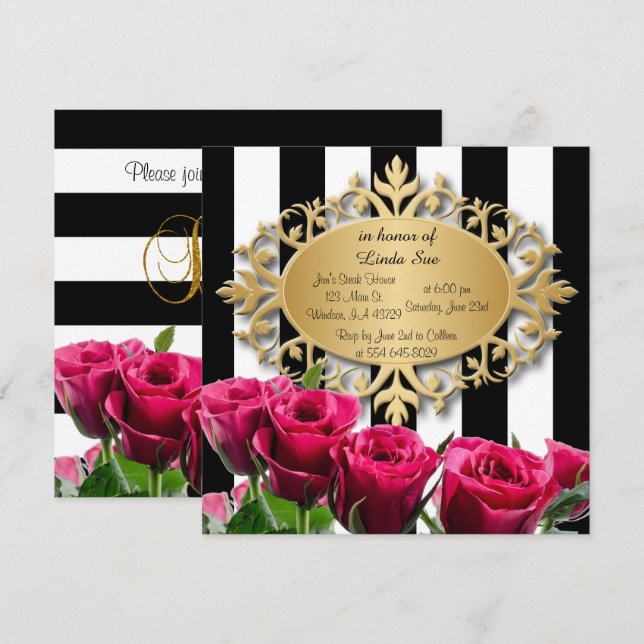 Elegant Black and White Stripes and Pink Roses Invitation (Front/Back)