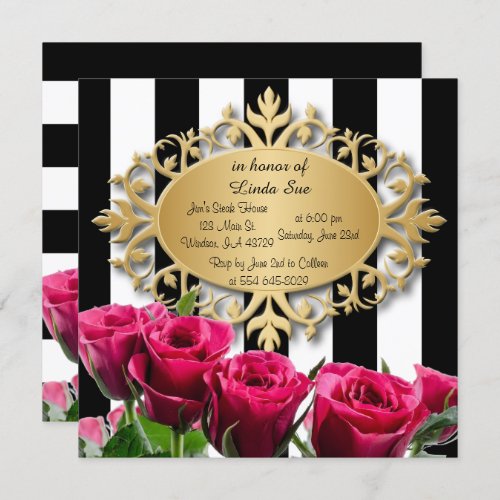 Elegant Black and White Stripes and Pink Roses Invitation