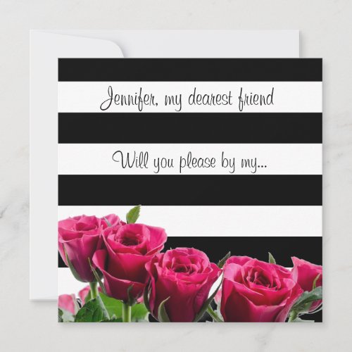 Elegant Black and White Stripes and Pink Roses Invitation