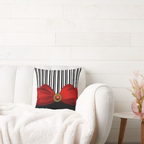 Elegant Black and White Stripes and Red Bow Pillow