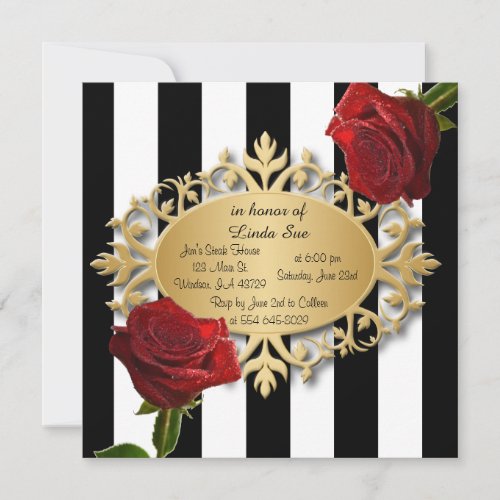 Elegant Black and White Stripes and Red Roses Invitation