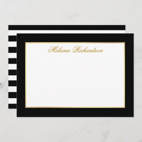 Elegant Black and White Stripes Gold Frame Note Card