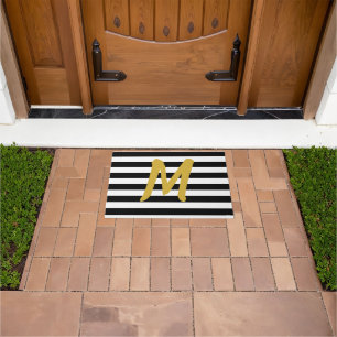 Elegant Black and White Stripes Gold Monogram Doormat