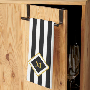 Elegant Black and White Stripes Gold Monogram Kitchen Towel