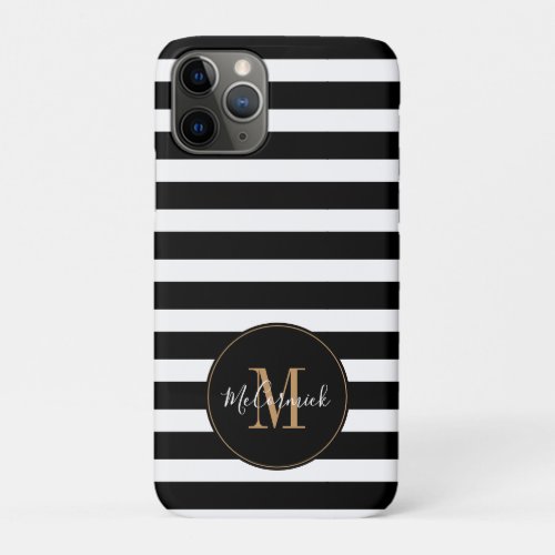 Elegant Black and White Stripes Gold Monogram Name iPhone 11 Pro Case