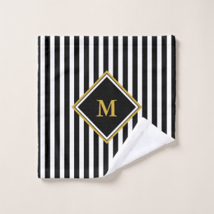 Elegant Black and White Stripes Gold Monogram Wash Cloth