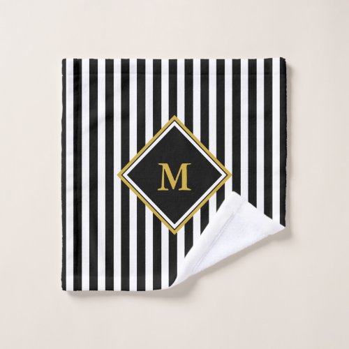 Elegant Black and White Stripes Gold Monogram Wash Cloth