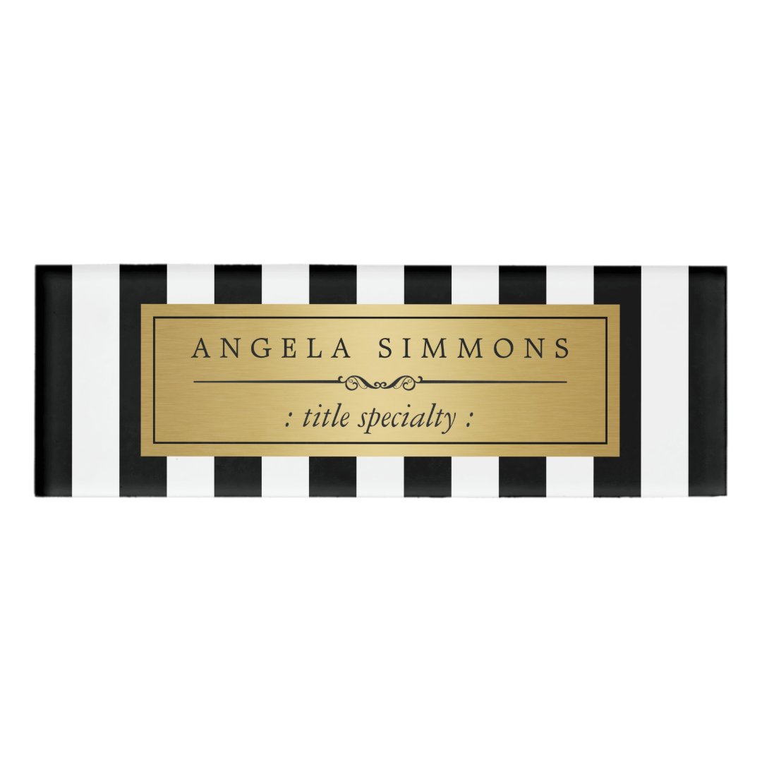 Elegant Black and White Stripes Gold Name Label Name Tag | Zazzle