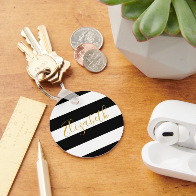 Elegant Black and White Stripes Gold Name Script Keychain (Desk)